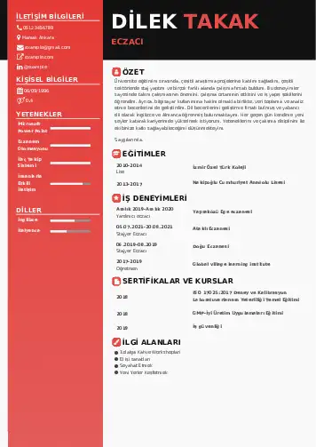 Eczacı CV Örnekleri cv indir